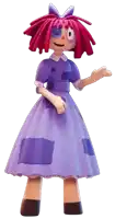 a cartoon doll with pink hair and a blue eye is wearing a purple dress