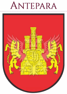 a coat of arms for antepara with a castle and two lions on it