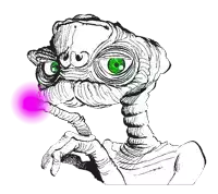 a black and white drawing of an alien with green eyes and a purple glow