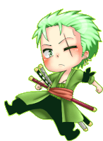 a chibi drawing of a person with green hair and a sword