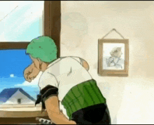 a cartoon of a man looking out a window with a picture on the wall behind him .