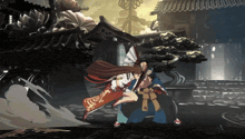 a woman in a red dress is holding a fan while a man in a blue shirt holds a sword