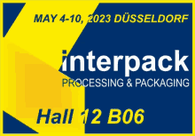 a blue and yellow sign that says interpack processing and packaging