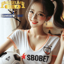 a girl wearing a soccer jersey that says sbobet