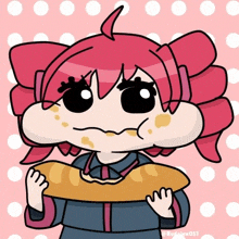 a girl with pink hair is holding a loaf of bread .