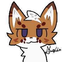 a drawing of a fox with a purple eye and a signature on the bottom right