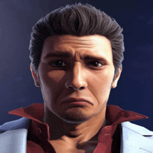 a close up of a man 's face with a red shirt and a white jacket