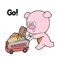 a cartoon pig is pushing a shopping cart full of bread and vegetables .