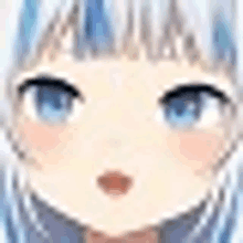 a close up of a anime girl 's face with blue eyes and white hair .