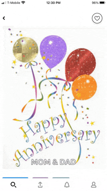 a happy anniversary mom and dad greeting card with balloons