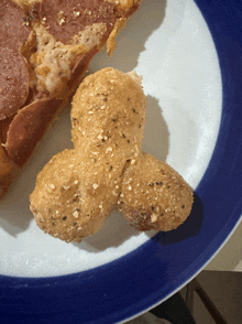 a blue and white plate with a pizza and a peanut