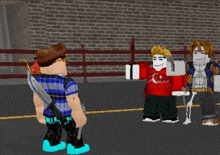 two roblox characters are standing next to each other in front of a brick wall .