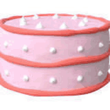 a pink cake with white polka dots and a red border on a white background .