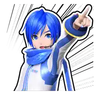 a blue haired anime character with a microphone pointing at something