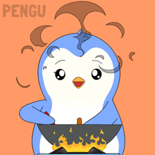 a penguin is cooking on a stove and the word pengu is on the orange background
