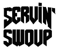 a black and white logo for a company called serving swoup