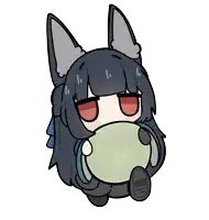a cartoon drawing of a girl with long black hair holding a green object