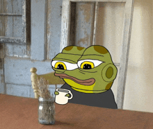 a cartoon frog is sitting at a table holding a cup