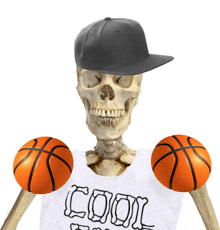 a skeleton wearing a hat and a cool shirt holds basketballs