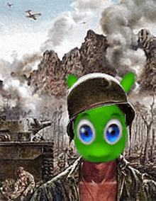 a soldier with a green mask on his face is standing in front of a battle scene .