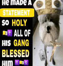 a dog wearing a bishop 's hat is next to a bottle of holy water and a cross