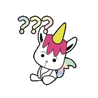 a unicorn with a question mark above its head is sitting down .