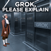 a man standing in front of servers with the words grok please explain