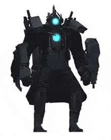 a robot with a shield and a gun on its back is standing on a white background .