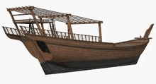 a 3d model of a wooden boat with a canopy and stairs on a white background .