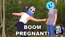 a man with a tea bag on his head is pointing at a woman with the words boom pregnant behind him