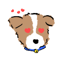 a brown and white dog with red hearts on its face