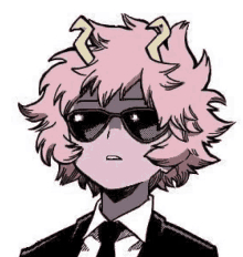 a drawing of a girl with pink hair wearing sunglasses and a suit .