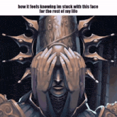 a statue of a man covering his face with his hands with a caption that says how it feels knowing im stuck