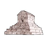 a drawing of an ancient building with a pyramid shaped base