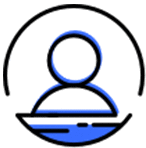 a blue icon of a person in a circle with a boat in the background .