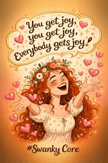 an illustration of a woman with flowers in her hair and the words you get joy you get joy everybody gets joy #swanky core