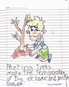 a child 's drawing of a boy planting trees with the words planting trees make the temperature of the air