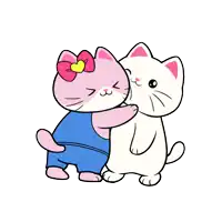 a cartoon of two cats hugging each other with one wearing blue overalls