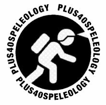 a logo for plus40speleology shows a man with a backpack on his back