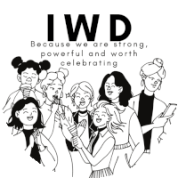 a black and white drawing of a group of women with the words i w d because we are strong powerful and worth celebrating