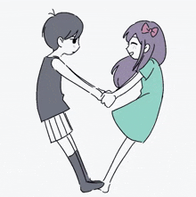 a boy and a girl are holding hands in a drawing .