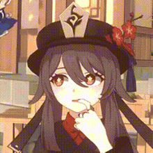 a close up of a anime girl wearing a hat and holding her hand to her chin .