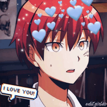 a red haired anime character with hearts and a speech bubble that says i love you