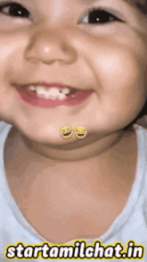 a close up of a child 's face with the words starttamilchat.in written below it