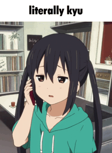 a girl with pigtails is talking on a cell phone and the caption literally kyu