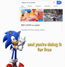 sonic the hedgehog is standing in front of a google search for the salary of a clown