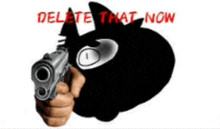 a person is pointing a gun at a black cat with the words delete that now written in red