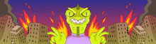 a cartoon drawing of a lizard giving a peace sign in front of burning buildings