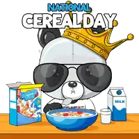 a panda bear wearing sunglasses and a crown is eating a bowl of cereal for national cereal day