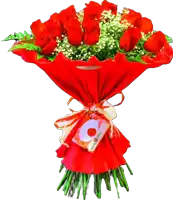 a bouquet of red roses and baby 's breath wrapped in red paper with a tag that says terra